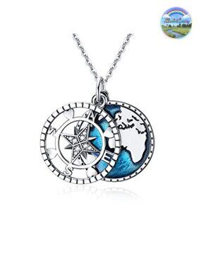 Sterling Silver Compass Pendant Necklace Travel Map Nautical 18"